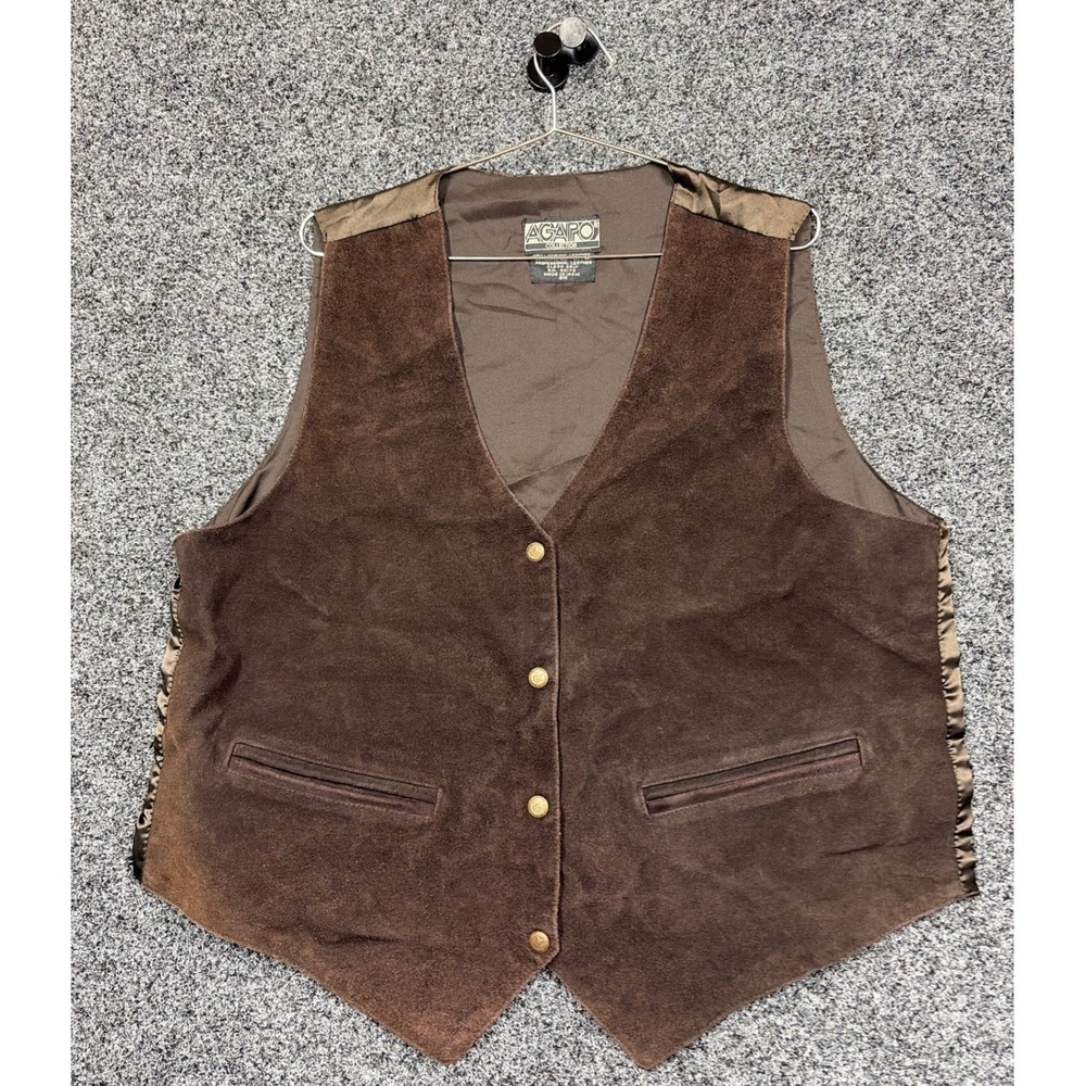 Agapo Vest Mens 2X Brown Suede Leather Button Front Western Boho Vintage Rugged